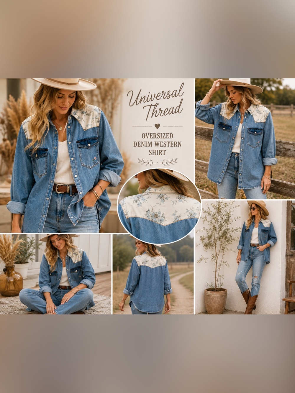 Denim Western Shirt Jacket with Floral Yoke - Light Blue - Picture 3 of 11